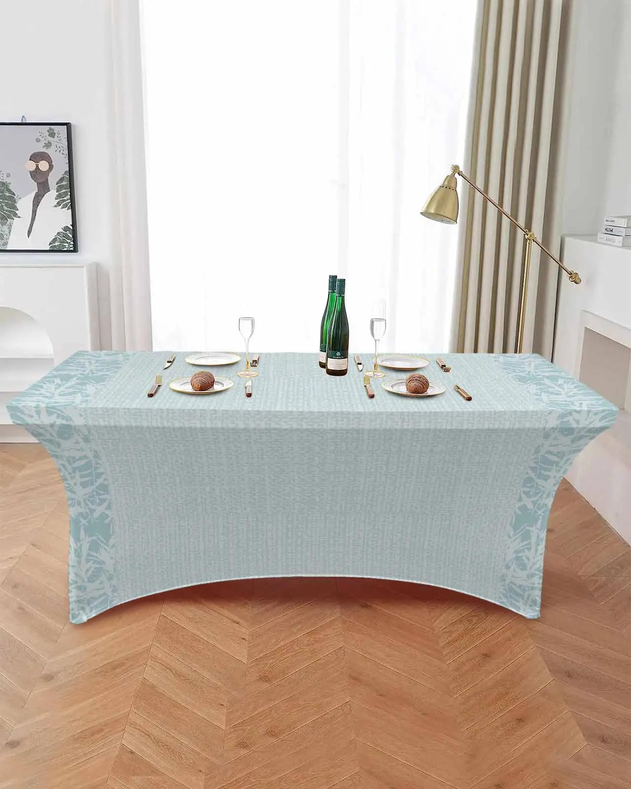 Linen Blue Abstract  Elastic Table Skirt Wedding Birthday Table Decoration Table Skirt Tablecloth for Party