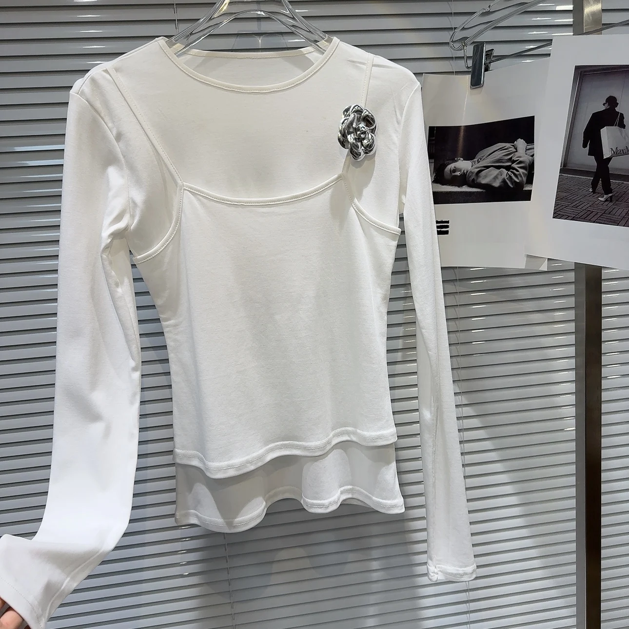 Trendy Metal Flower Pin Long Sve Base Layer Mo Two-Piece T-irt for Young Women Ele Sle Cotton round Ne Spring
