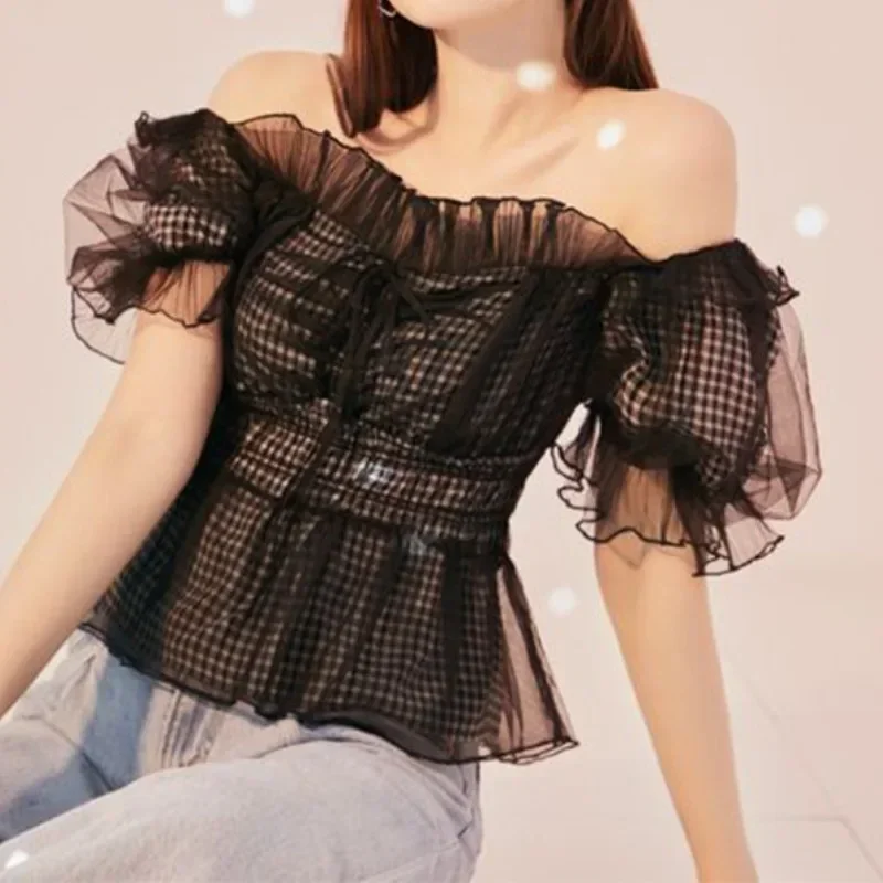 

Japan Mesh Bubble Sleeve Blusas Mujer Off-shoulder Shirts Blouses Lace Up Bow Camisas Spring Summer 2024 Tops Tunic Ropa ZL861