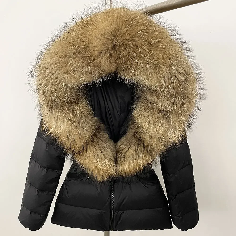 Nouveau 2025 hiver femmes à capuche blanc canard vers le bas manteau naturel réel raton laveur renard fourrure col veste ceinture épais chaud vêtements d'extérieur décontractés