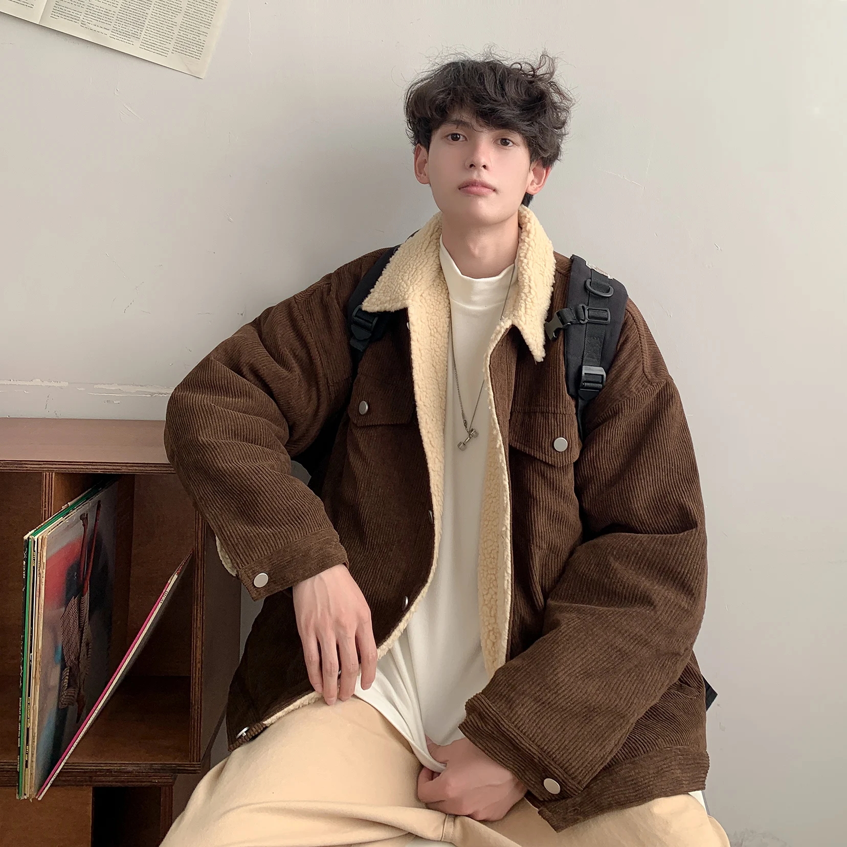 

Lamb Velvet Thiened Cotton Jaet Men's American Retro Corduroy Winter Fce Lined Trendy Brand Lamb Fur Cotton Coat