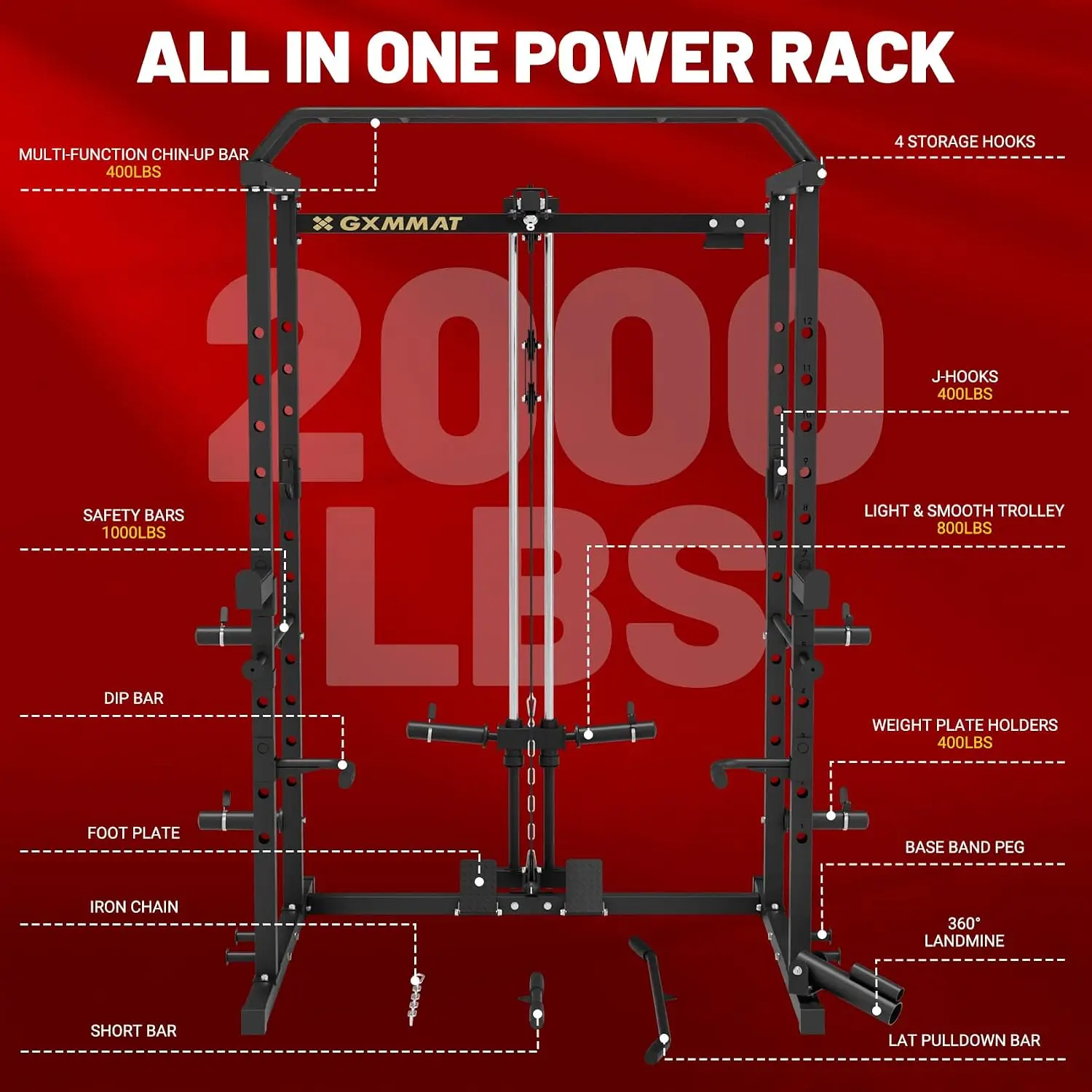 Multi-Function Power Cage with LAT Pulldown & Squat Rack, Heavy-Duty Steel Home Gym Strength Training with Pulley System, Custom
