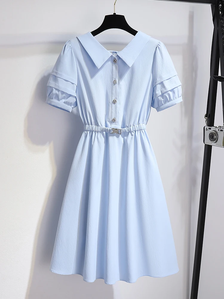 Blue shirt dress women's summer new temperament foreign age reduction small puff sleeves thin skirt