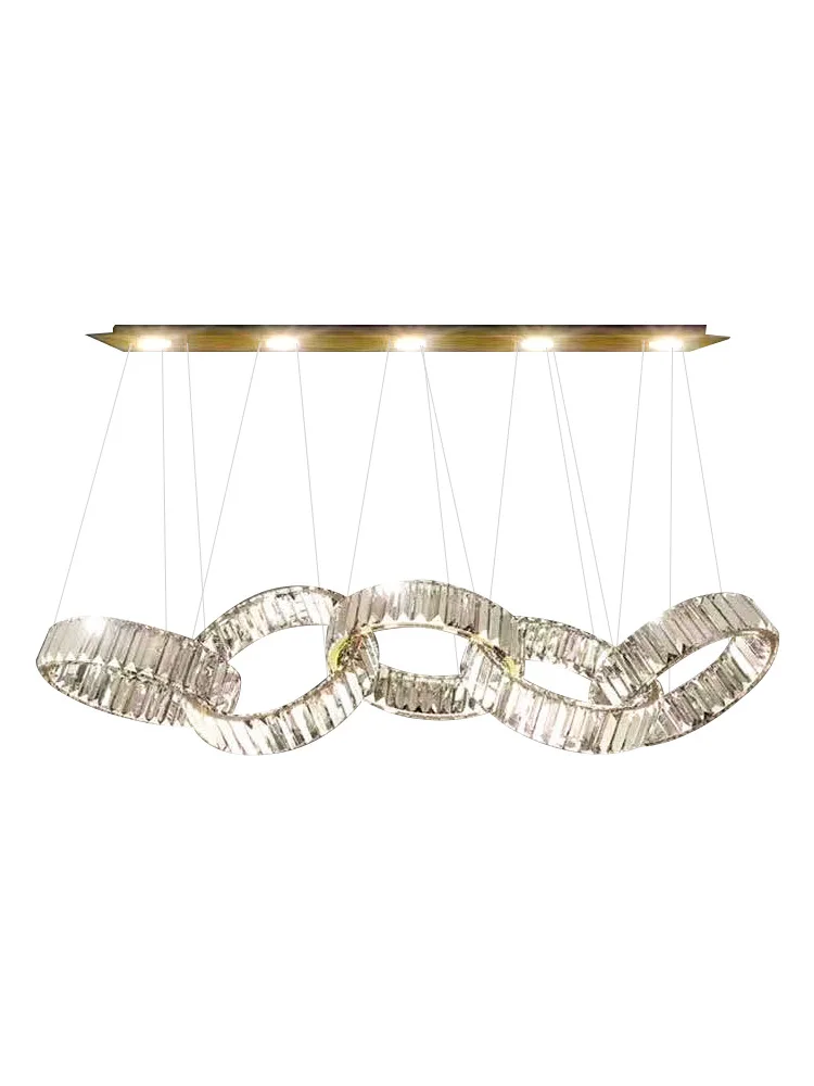 Modern Luxury Restaurant 5Ring Crystal LED Chandelier Cafe Kitchen Island Chrome Steel Hanging Lamp Dining Table Long Lighting