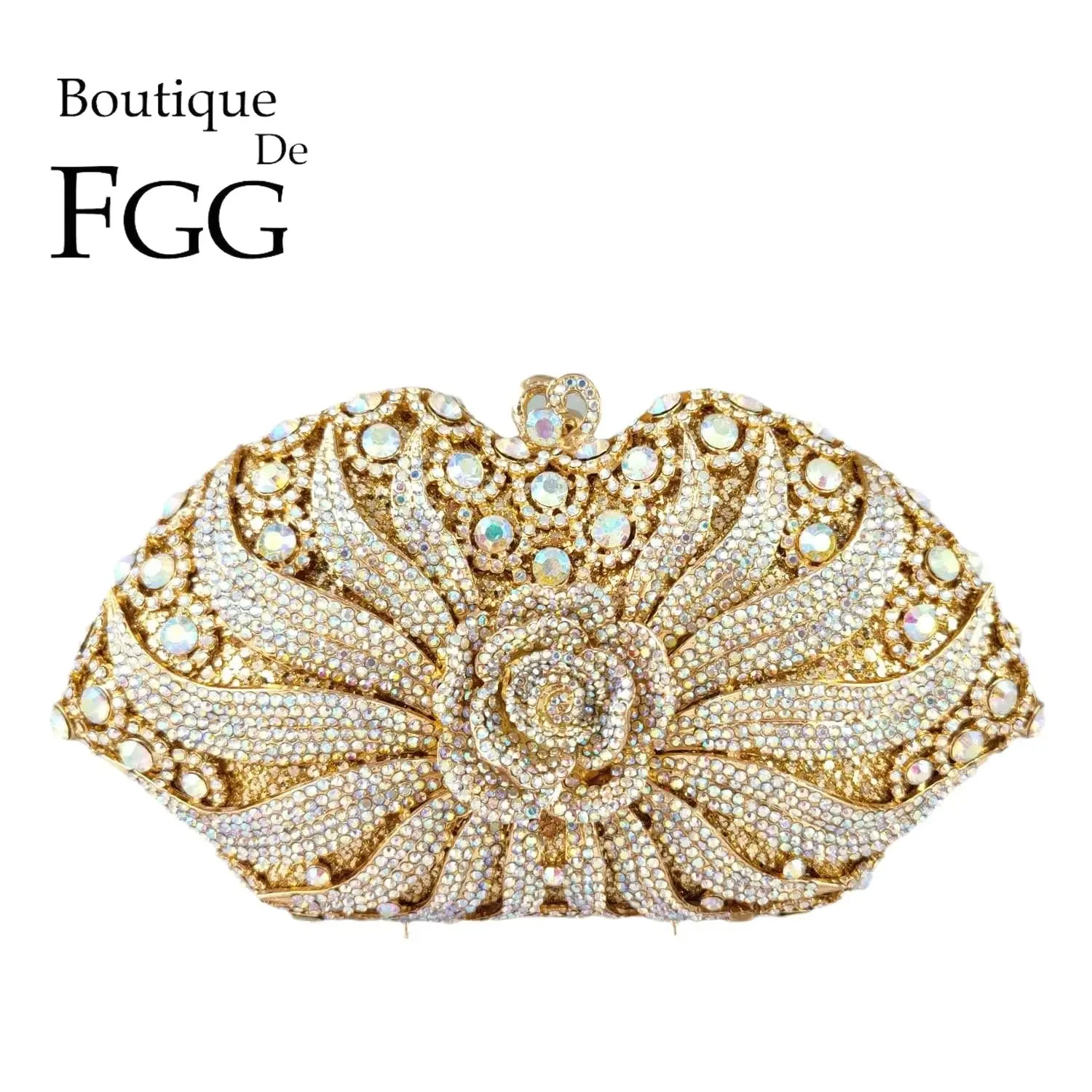 Boutique De FGG Elegant Women Gold Evening Bags and Clutches Formal Party Dinner Rose Flower Rhinestone Handbags and Purses