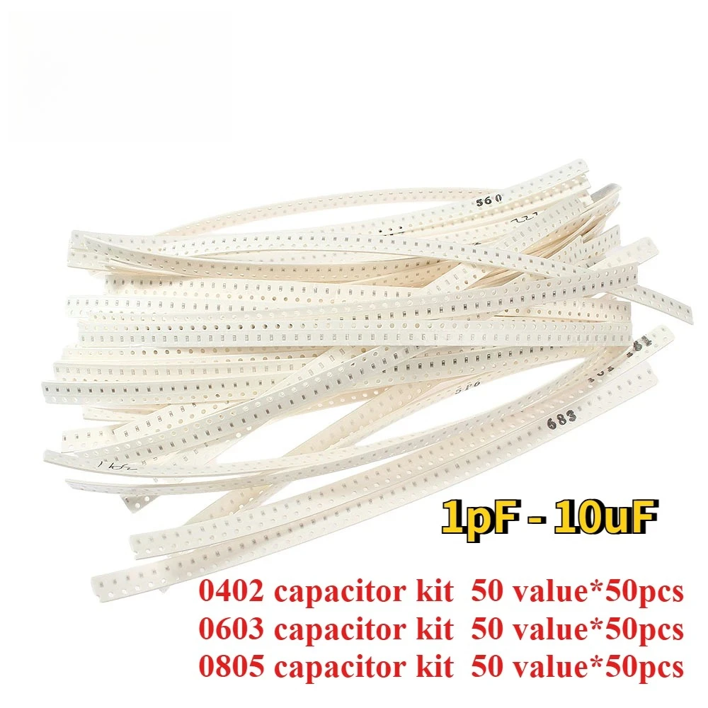 2500PCS 0402 0603 0805 SMD Ceramic Capacitor Assorted Kit 1PF~10UF 50Values 47PF 100PF 470PF 1UF Chip Capacitance Set