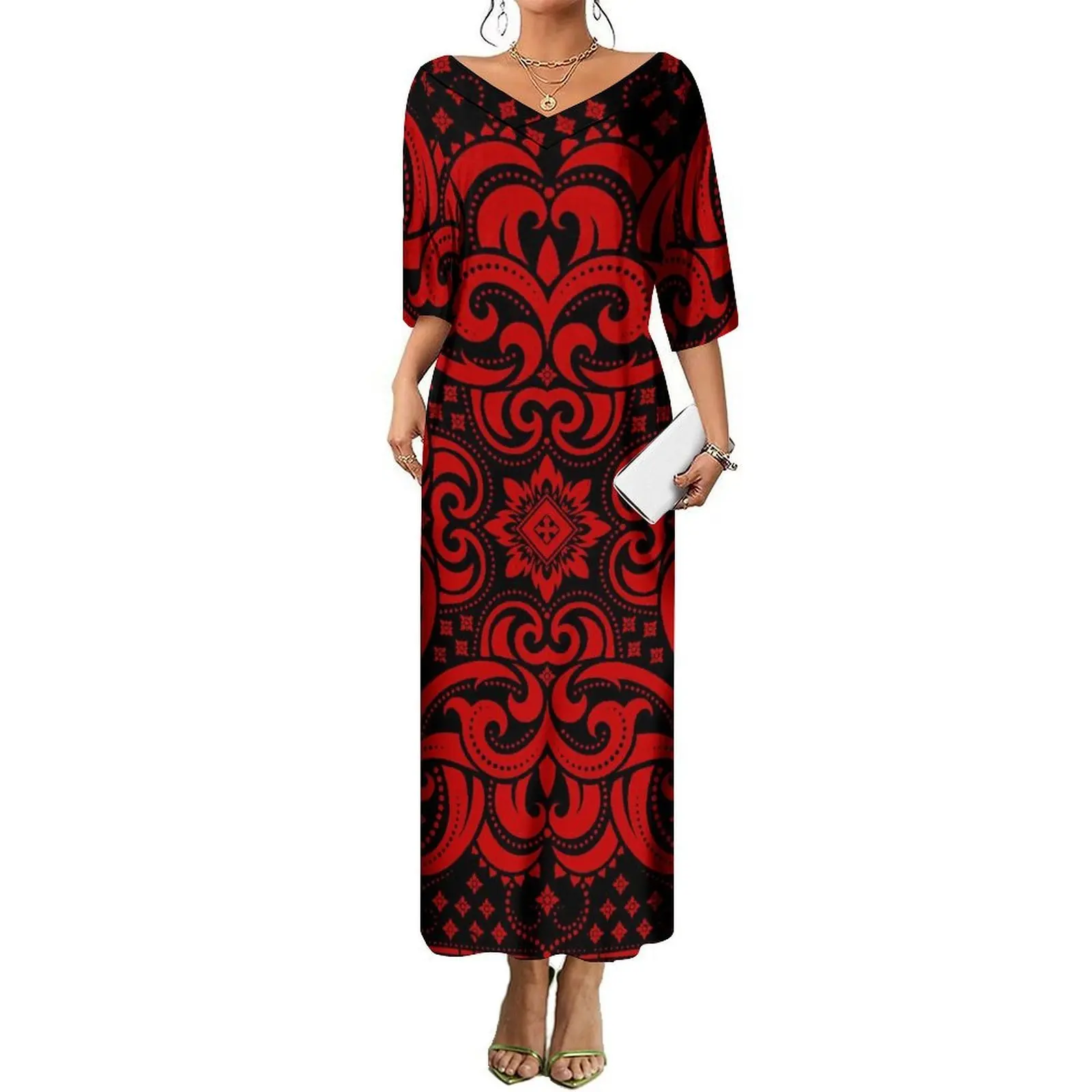 

Comfortable V-Neck Mid-Sleeved Loose Long Dress Custom-Made Elegant Dress By Bandana For Hawaiian Ladies