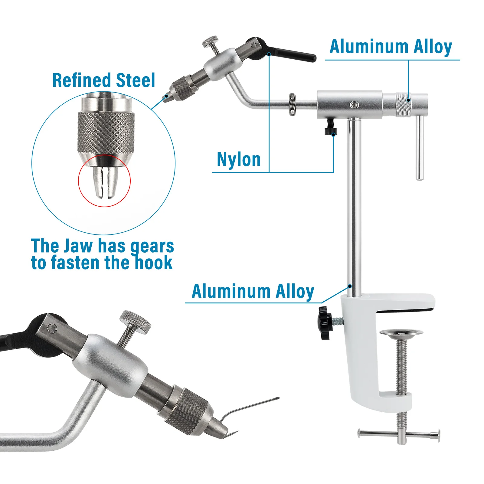 Imagem -03 - Fly Tying Vise Portátil 360 Graus Rotary Liga de Alumínio C-clamp Mount Mandíbulas Padrão Pesca Moscas Ferramentas Aço Inoxidável