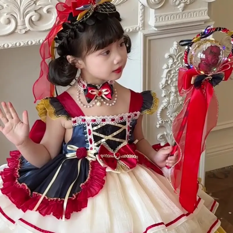 Gaun Putri Salju Kostum Putri Berbulu Lolita Anak Perempuan Pakaian Renda Mewah Halloween Pakaian Penyamaran Fantasi Karnaval Anak-anak