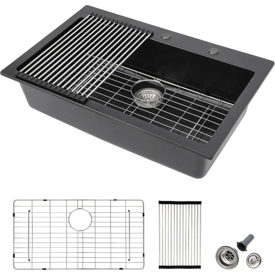 33 حوض مطبخ مركب من الجرانيت - 33 × 22 حوض حوض حوض كوارتز أسود غير لامع مع سطح علوي لتجديد المطبخ الحديث