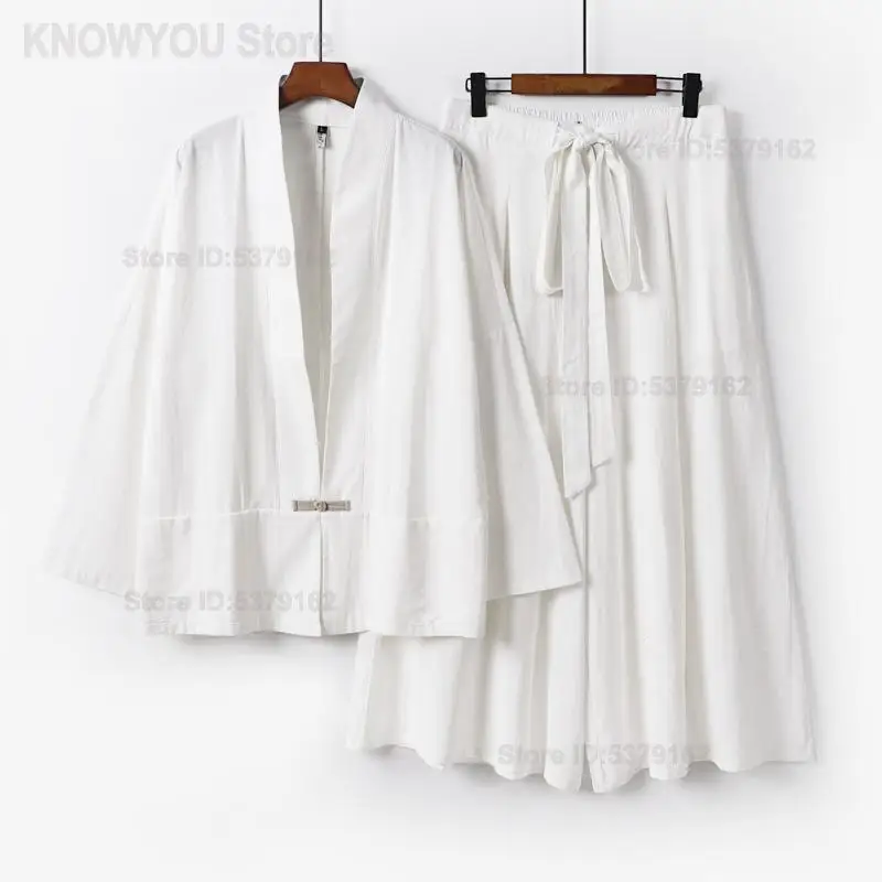 Men Cotton Kimono Cardigan Pants Set Loose Haori Yukata Outfit Chinese Kung Fu Tai Chi Training Uniform Party Costume