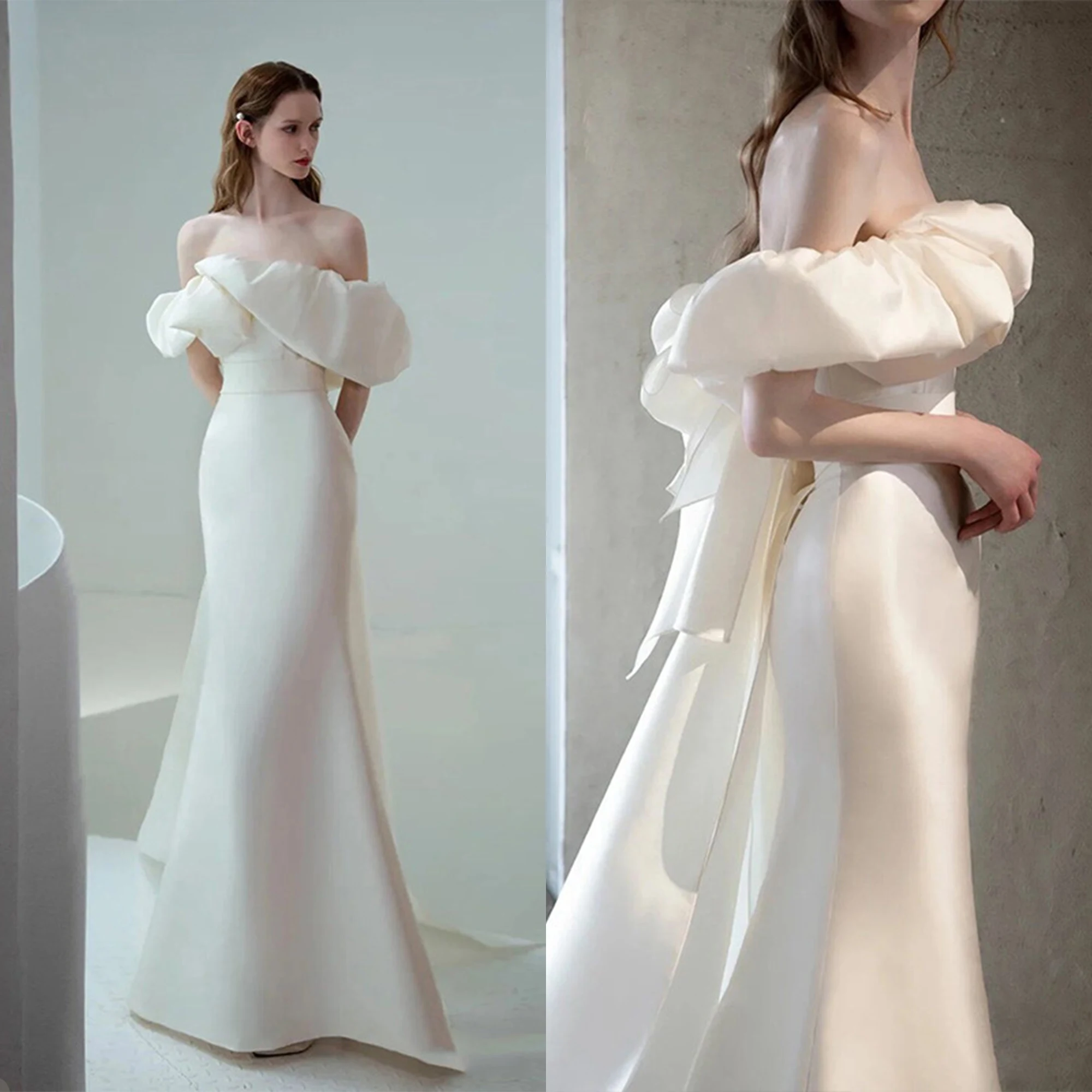 

Morning Robe Bride One Shoulder Light Wedding Dress Autumn New Bride Wedding French Satin Tail Annual Meeting Dress