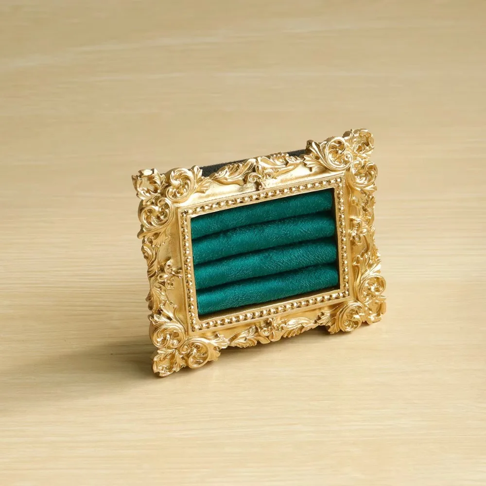 Vintage Gold Ring Display Stand Baroque Design Photo Frame Suede Earring Tray Exquisite Ring Holder Jewelry Display Rack