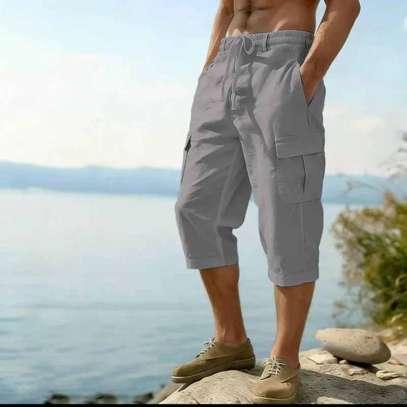 Herren Cargo-Caprihose mit mehreren Taschen, Kordelzug, elastischem Bund, locker geschnitten, lässige 3/4-Länge Hose – Detail 6
