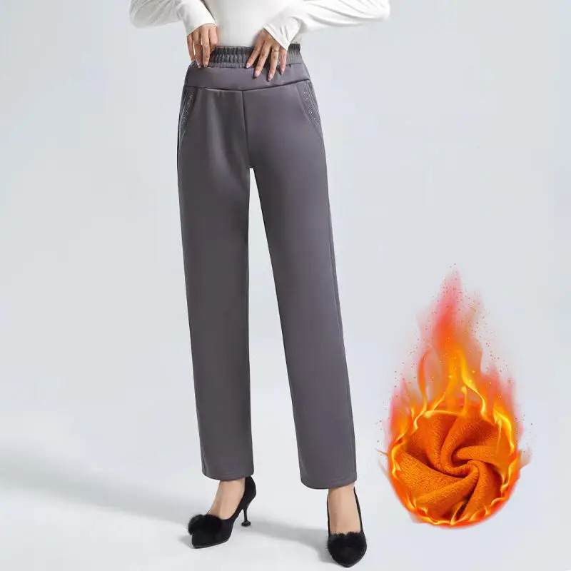 女性用ぬいぐるみストレートレッグパンツ,パッチワーク,ハイウエスト,ポケット,単色,厚く,ゆったりとした伸縮性,ファッショナブル,秋冬