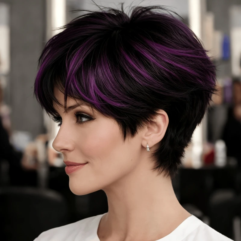 Black Purple Highlight Short Cosplay Wig Full Headpiece Trendy Stylish Wig Easy Shaping