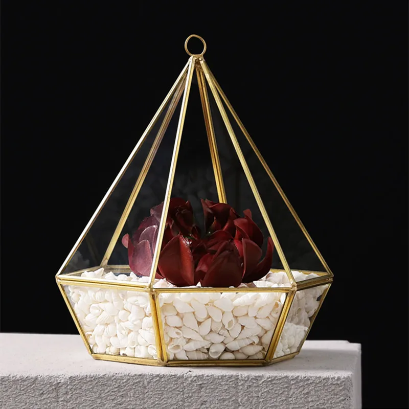 19*23cm Metal Frame Glass House Vase Home Decoration Gold Square Style Eternal Life Flower Gift Box Wedding DIY Prop