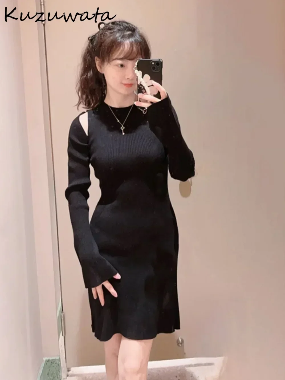 Kuzuwata Temperament O Neck Flare Sleeve Srtipe Dress Off Shoulder All-match Knit Casual Robe Japanese Slim French Style Vestido