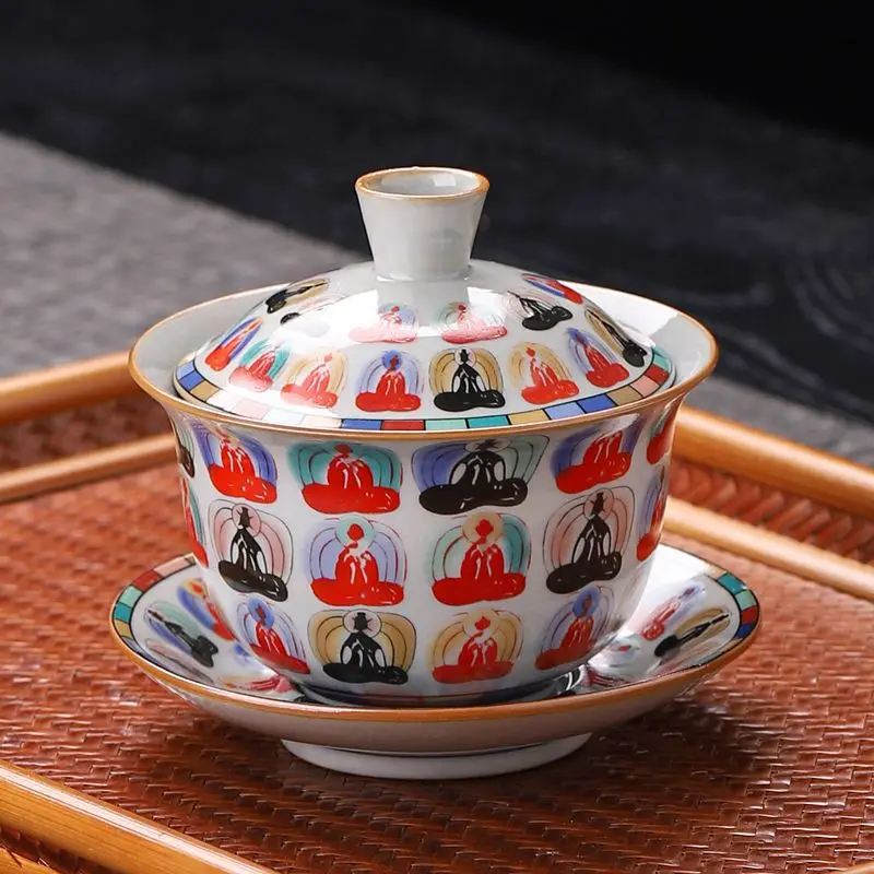 Thousand-Buddha Carved Porcelain Gaiwan Premium Tea Tureen Rotating for Kungfu Brewing Sacred Art Elevates Solo Sessions