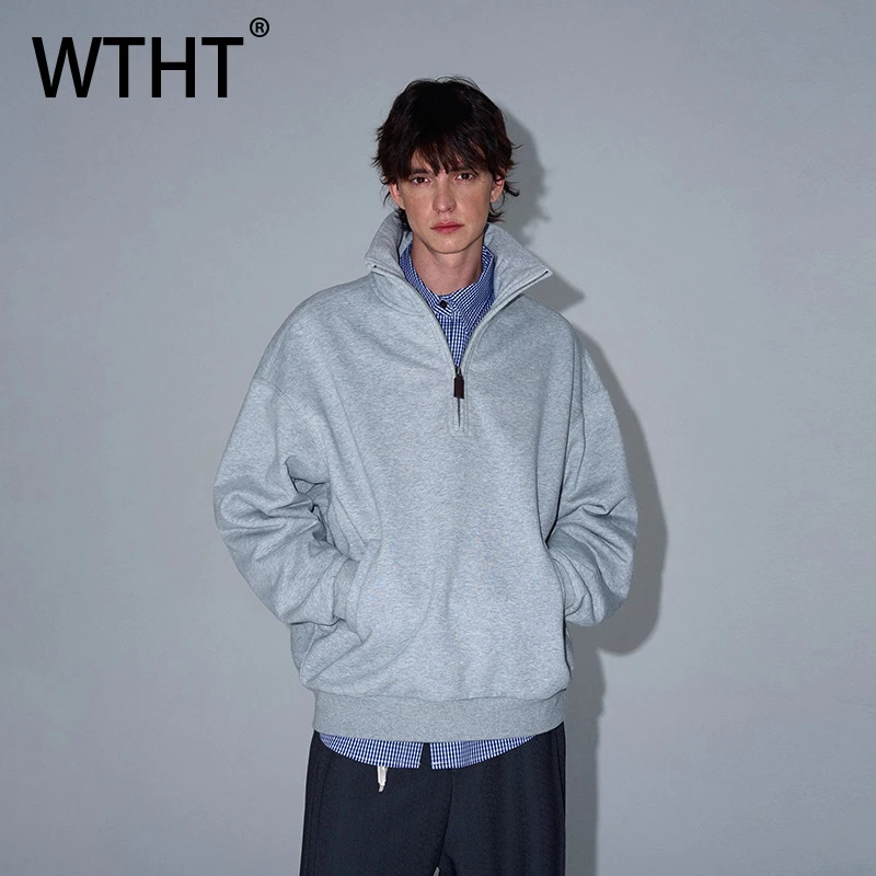 

WTHT мода 2025 г., осенний мужской однотонный свободный свитшот на молнии, модный новый пуловер с воротником-стойкой и длинными рукавами, мужской 2A1745