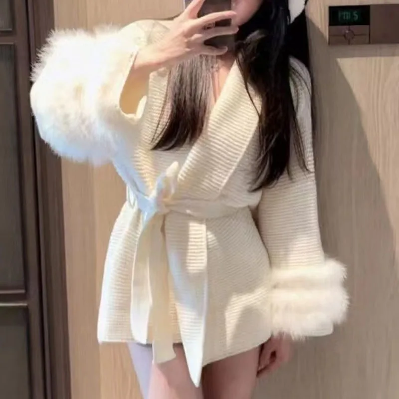 

Knitted Sweater Women Cardigans New White Slim Long Sleeve Lace-up V-Neck Knit Sweater Cardigan Women Tops Sueter Feminino Q2009