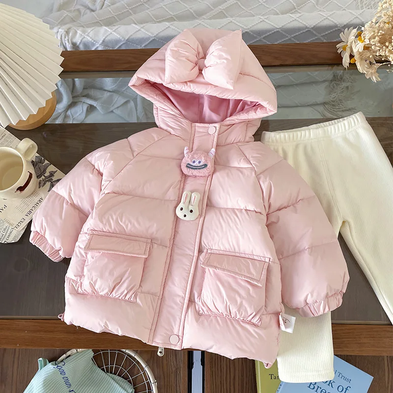 

2025 Winter Kids Baby Girl Jacket Hooded 90% White Duck Cartoon Print Toddler Girls Down Coat Warm Children 1-6Y Girls Outerwear