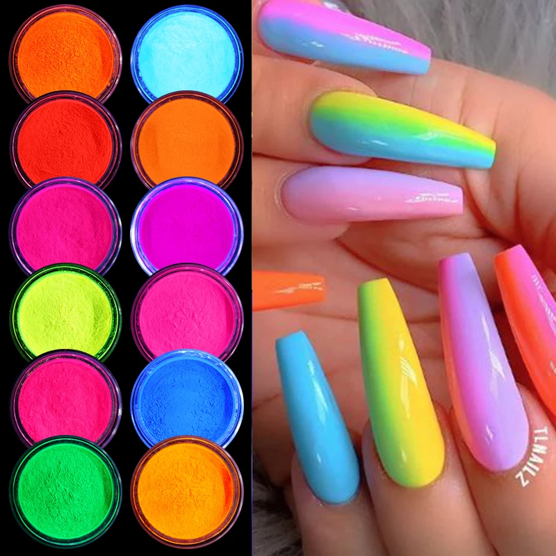 12 Boxes Neon Pigment Powder Set Fluorescent Nail Glitter Shinny Ombre Chrome Dust DIY Gel Polish  For Nails Art Decor 6 Boxes