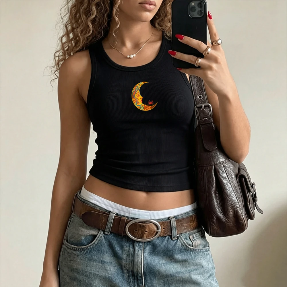 Vintage Pattern Crescent Moon with Cat Graphic Camisole Ribbed Tank Top Crop Y2k Top Ladies Sleeveless U Neck Bodycon Cropped