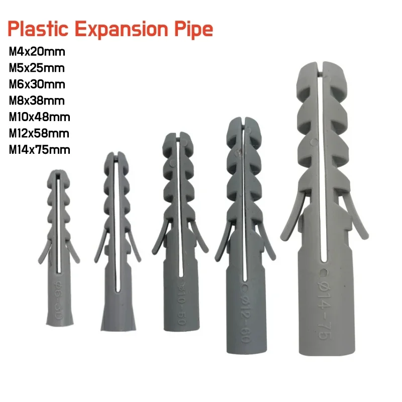 10~100pcs Plastic Expansion Tube Pipe Wall Anchors Plugs Grey Self-Tapping Screw Nylon Tube M4 M5 M6 M8 M10 M12 M14