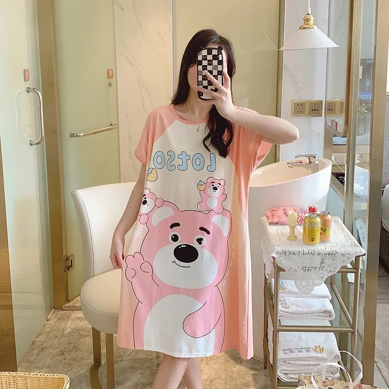 سانريو تنورة طويلة صيفية بأكمام قصيرة، فستان نوم على شكل دب الفراولة، ملابس مريحة غير رسمية، ملابس تنحيف على شكل دب الفراولة #4