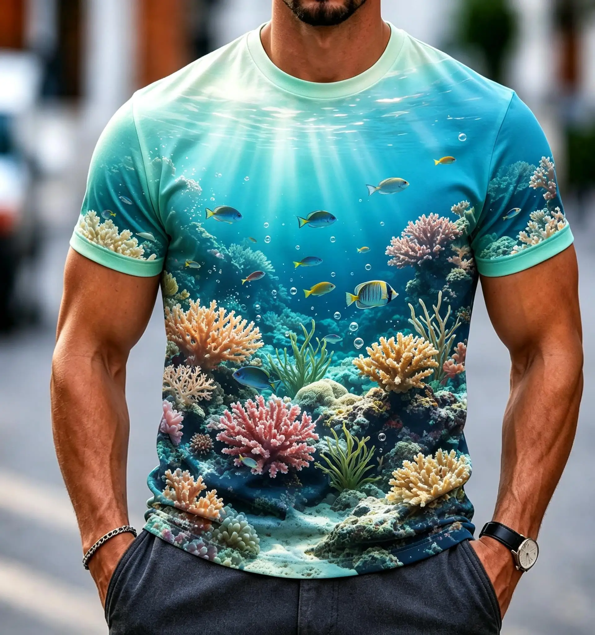Men's 3D Underwater Coral Tropical Fish Print T Shirt, Ocean Seabed Scenery Casual Round Neck Short Sleeve Tops