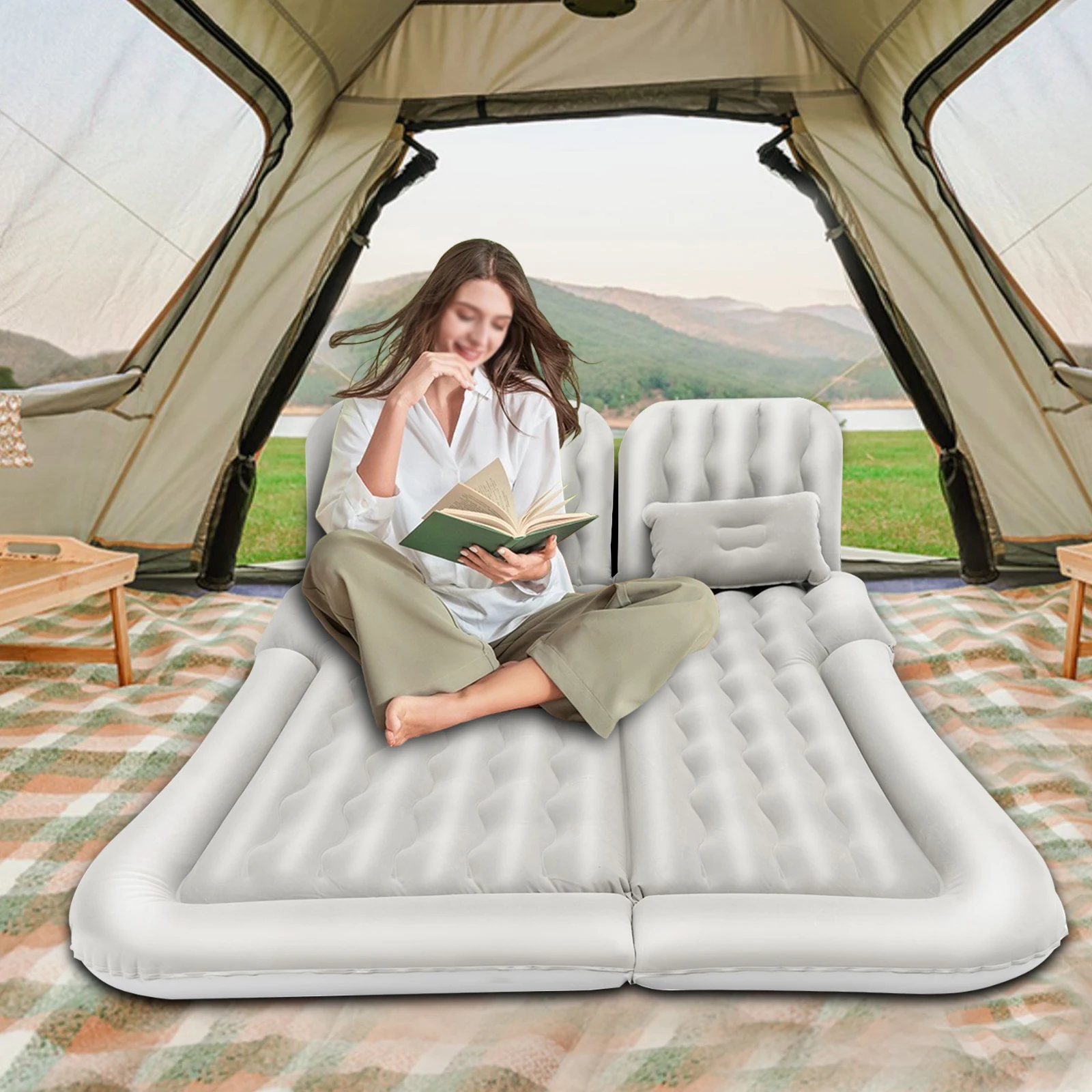 

Grey/Black/ Beige Car Air Mattress Travel Bed Flocking Inflatable Car Bed +2Pillow for Camping