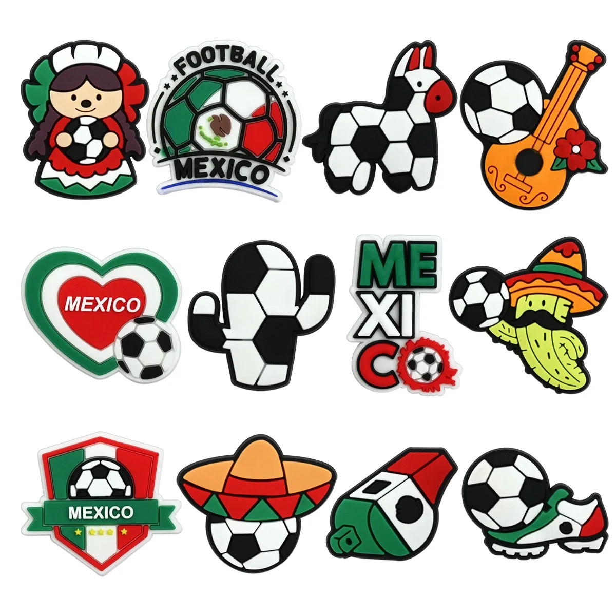 1-12Pcs Cartoon Mexico Football Guitar Cactus PVC Shoe Charms Buckle Clog Hole Shoes Ornaments Garden Shoes Button Accessories 