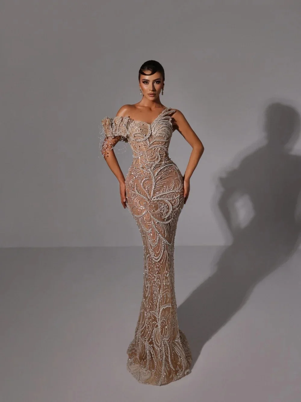 Splendidi abiti da sera monospalla abito da ballo perle paillettes perline illusione sirena abiti personalizzati De Noche