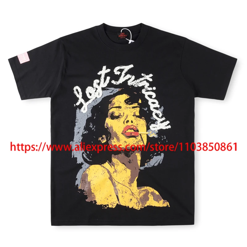 

High Street Lost Intricacy T-shirts Portrait Print Tops Summer Casual Cotton Short-sleeved Retro Washed Black Tees