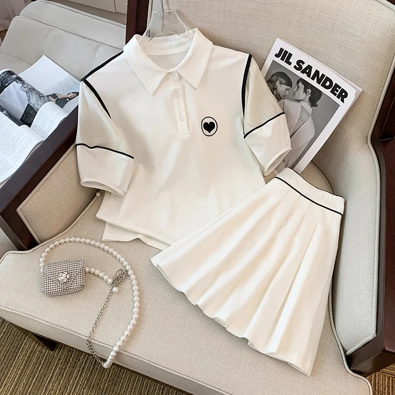 

Women 2 Pieces Sets 2024 New White Preppy style Summer T shirt + Pleated skirt Casual two-piece set Casual Students Tracksuits