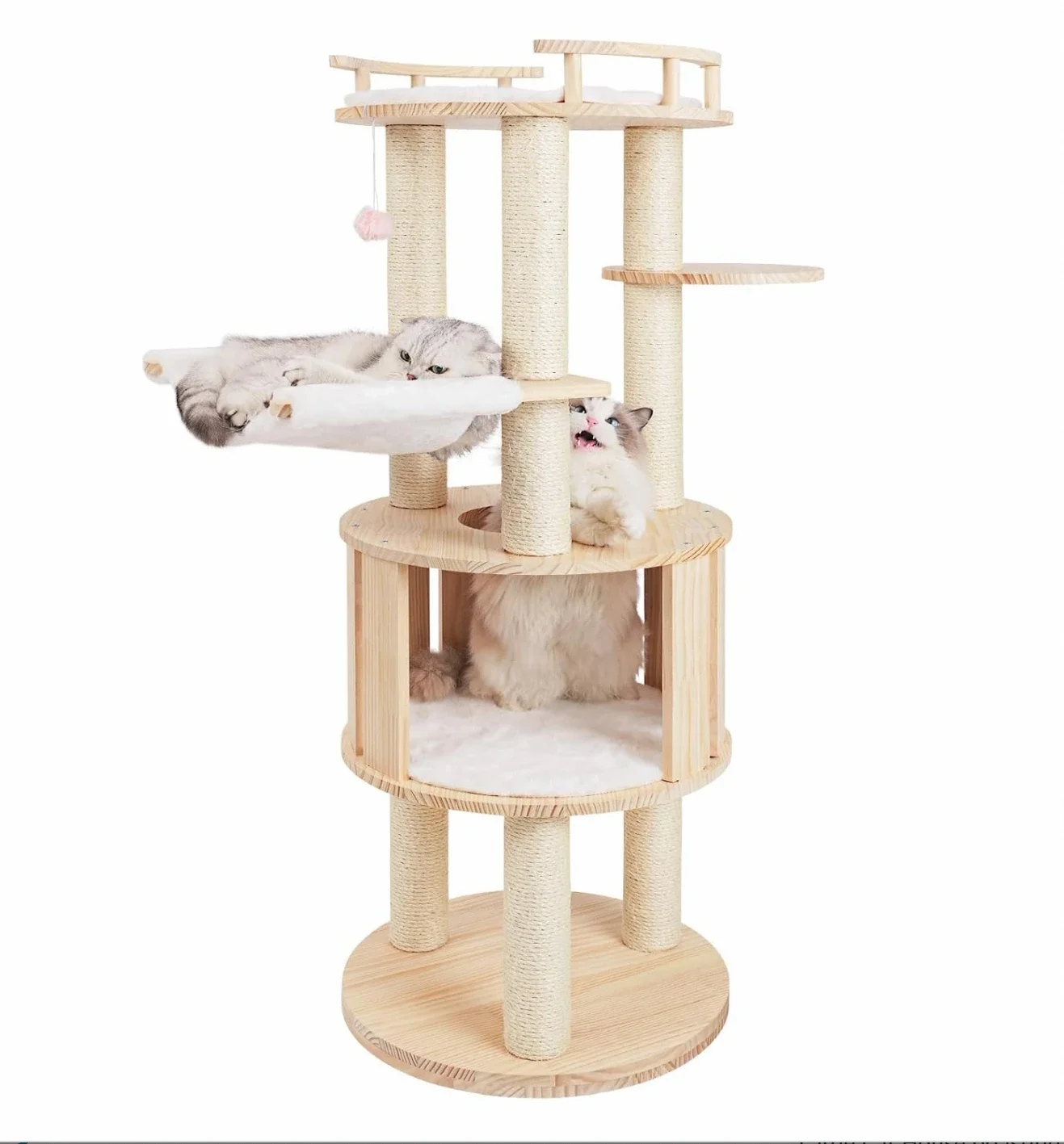 Modern Luxury Cat Climbing Frame Wood Furniture with Ball & Mouse Hammock-Best Choice for Small Apartment Cats