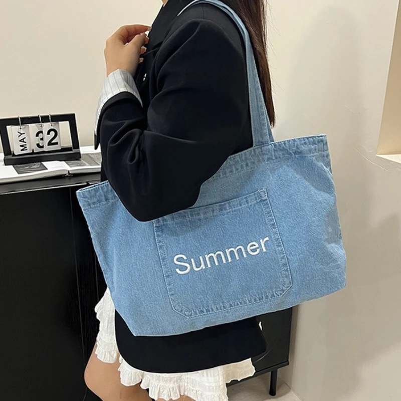 

Denim Canvas Women's Portable Shoulder Bag Casual Commuter Ladies Tote Handbags Simple Solid Color Female Letter Shopping Bags