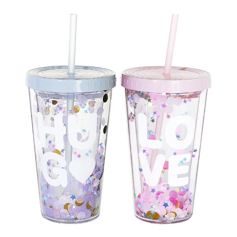 Dot Wave Plate Pipette Tumbler Double Layer Sequin Lovely Pink Plastic Water Bottle with Cover Straw Green Ice Cup In Summer