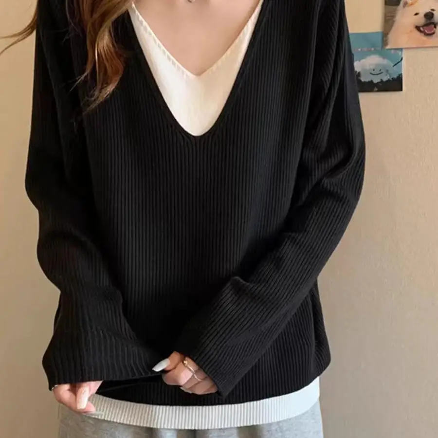 

Lazy Ice Cr Color V-ne Long Sve Pure Color Sweater Street Sle Loose Fit Knitwear Casual Versatile Color Sweater