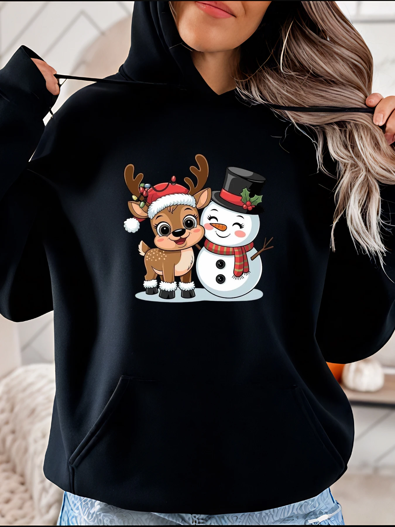 Sweat à capuche imprimé renne et bonhomme de neige, mignon, vacances de noël, Design de dessin animé, vêtements d'hiver décontractés pour femmes