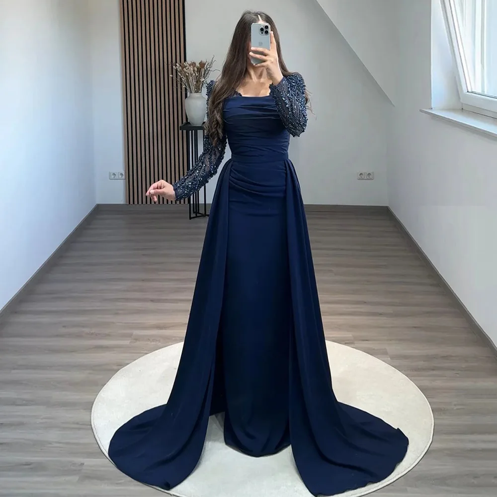 Navy Evening Dress for Woman Customized Long Sleeves Beading Sequined Straight Prom Gown with Train Party Robe De Soiree image 6