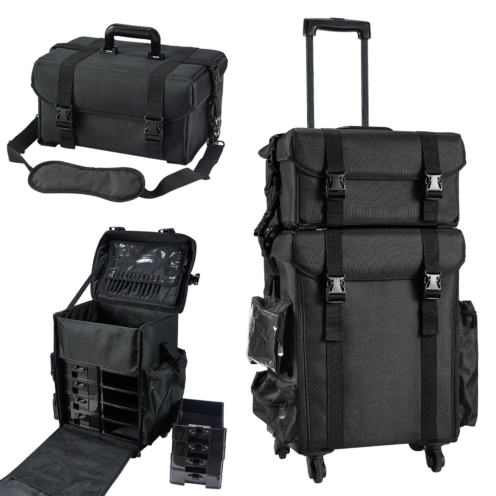 

2025 hot sale Black Soft Makeup Artist Rolling Trolley Case with Free Set of Mesh Bags Professional Rolling Ma