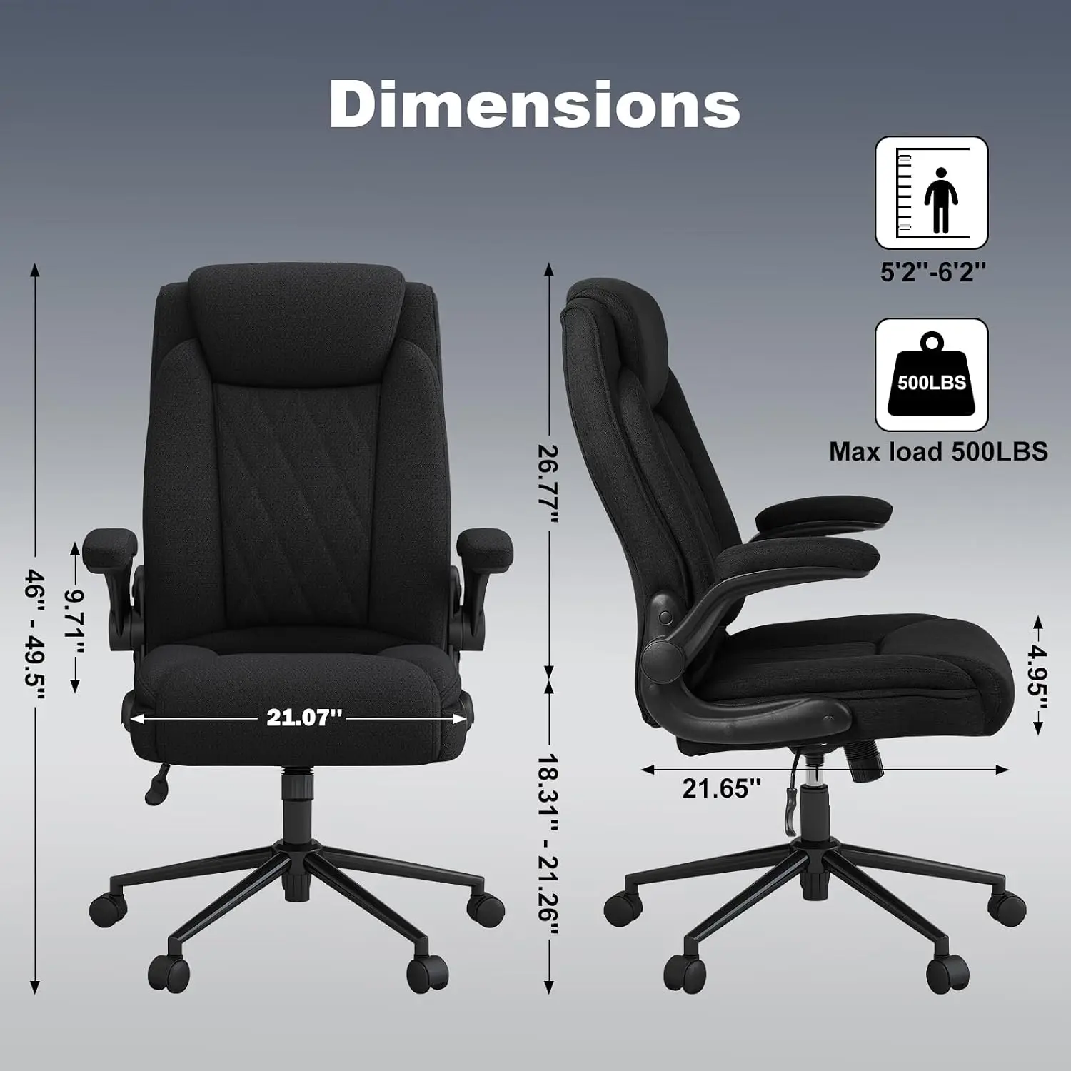 Big & Tall Fabric Office Chair 500lbs Flip Up Arms, Customized