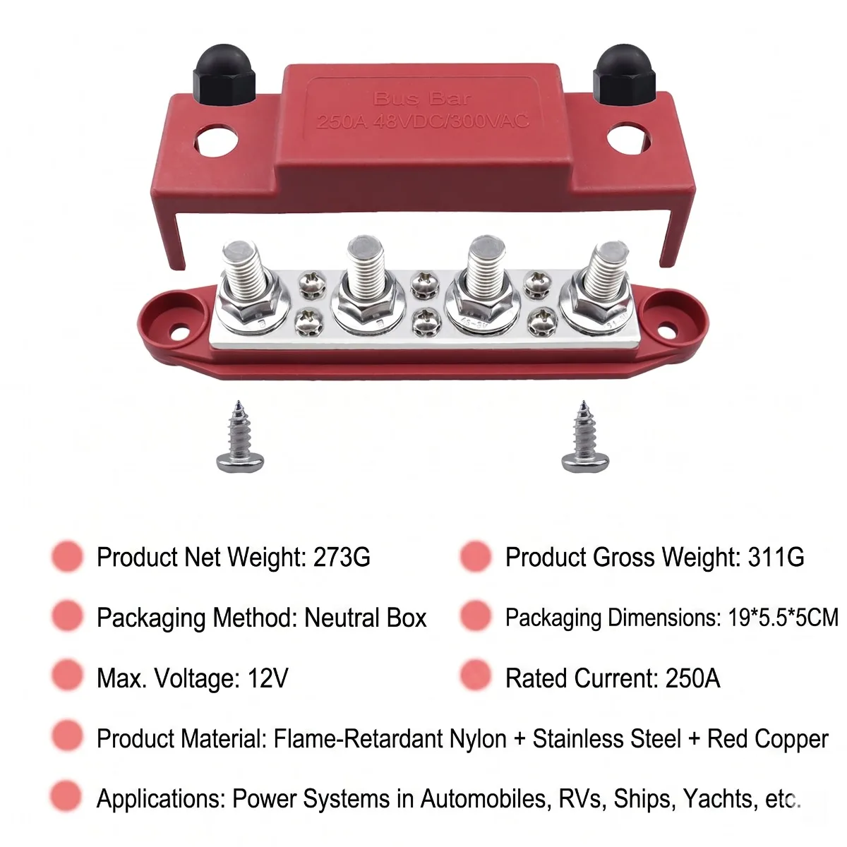 M8/M10 Bus Bar 250A High Current Power Distribution Block 4+6 Terminals with Studs and Washers for RV Boat Marine