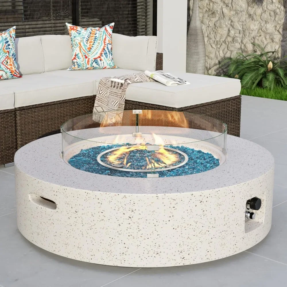 

Наружный кофейный столик с пропановым огнем, белый Terrazzo, 40,5 дюйма, Круглый нагреватель патио, горелка из нержавеющей стали 50000 BTU