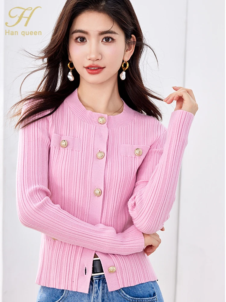 H Han Queen Autumn Winter Korean Knitted Thick Cardigan Sweater Women Clothing Casual Basic Long Sleeve Cardigans Vintage Tops
