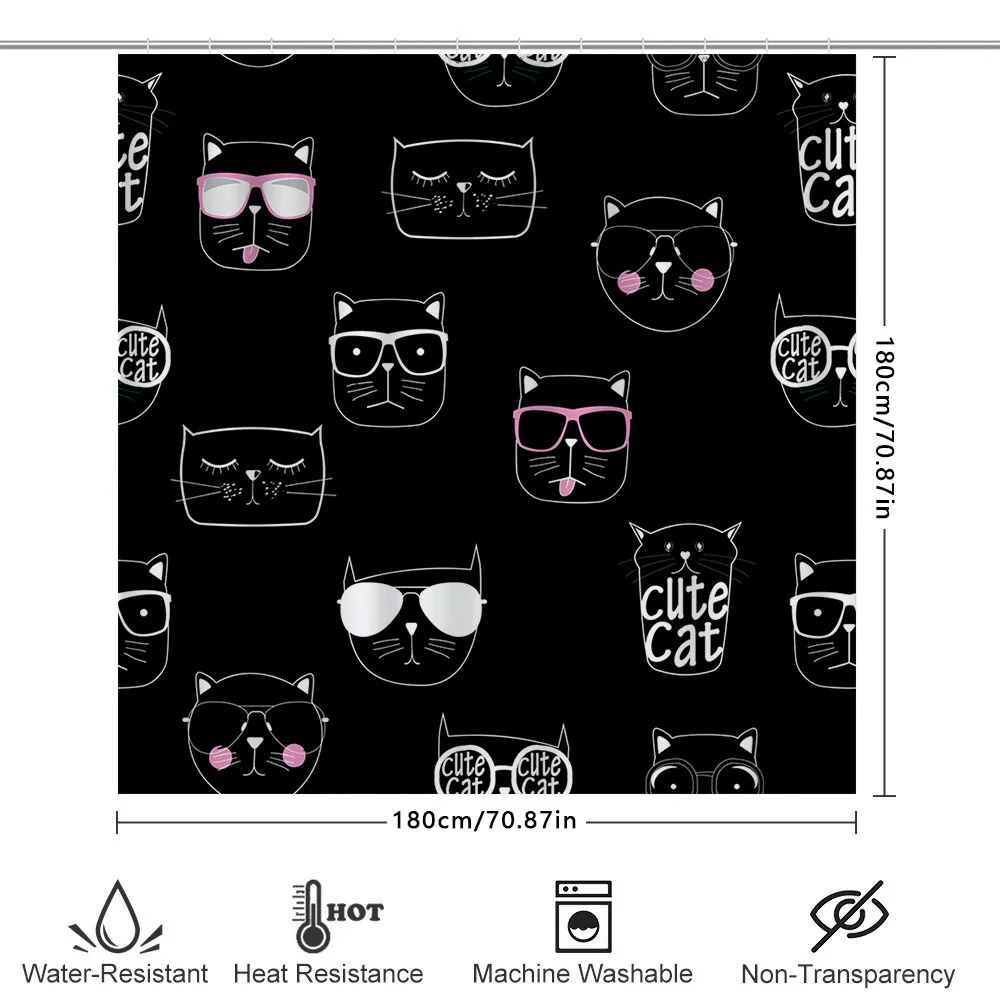 الحديثة القط الأسود طباعة دش الستار ديكور المنزل حمام نسيج مقاوم للماء 72x84 بوصة القطط السوداء النظارات الشمسية نص أبيض لطيف Ca #6