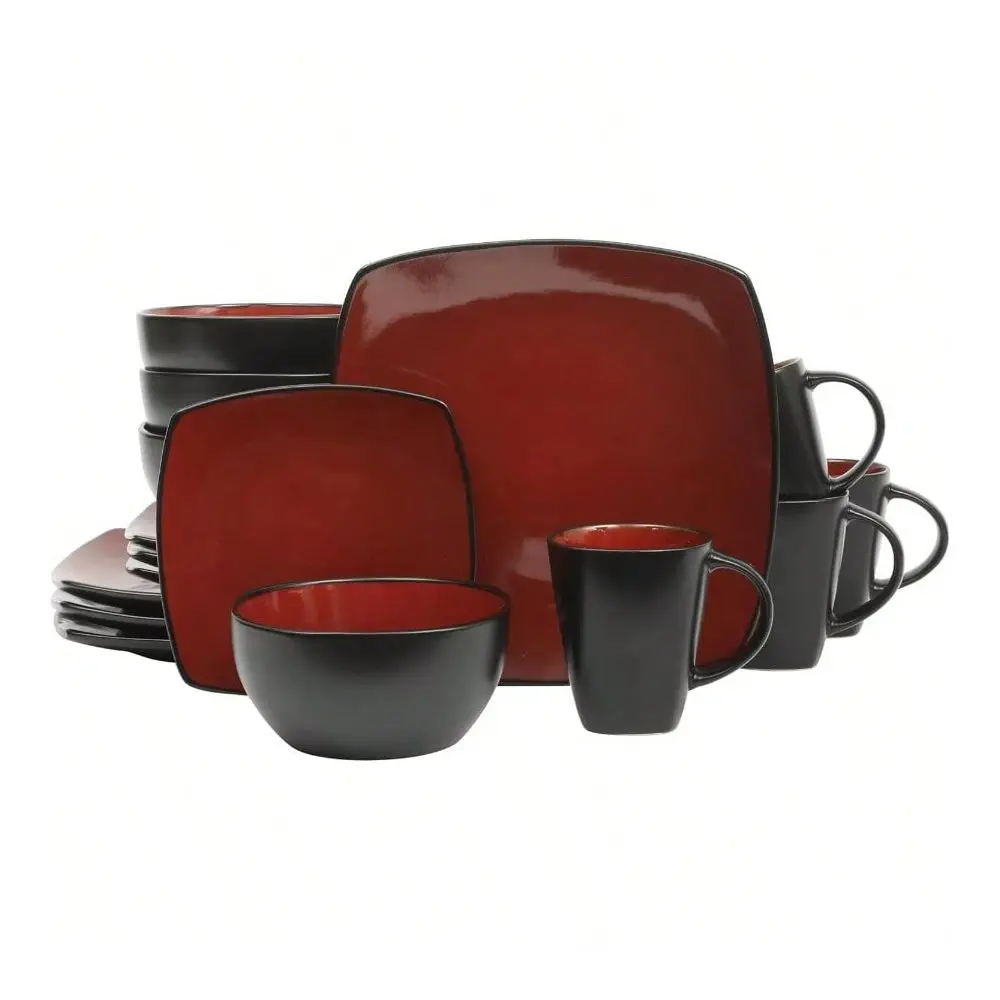 

Lounge Square 16Piece Dinnerware Set, Service For 4, Reactive Glaze Stoneware Plates And Bowls, Modern Dishes, Microwave Dishwa
