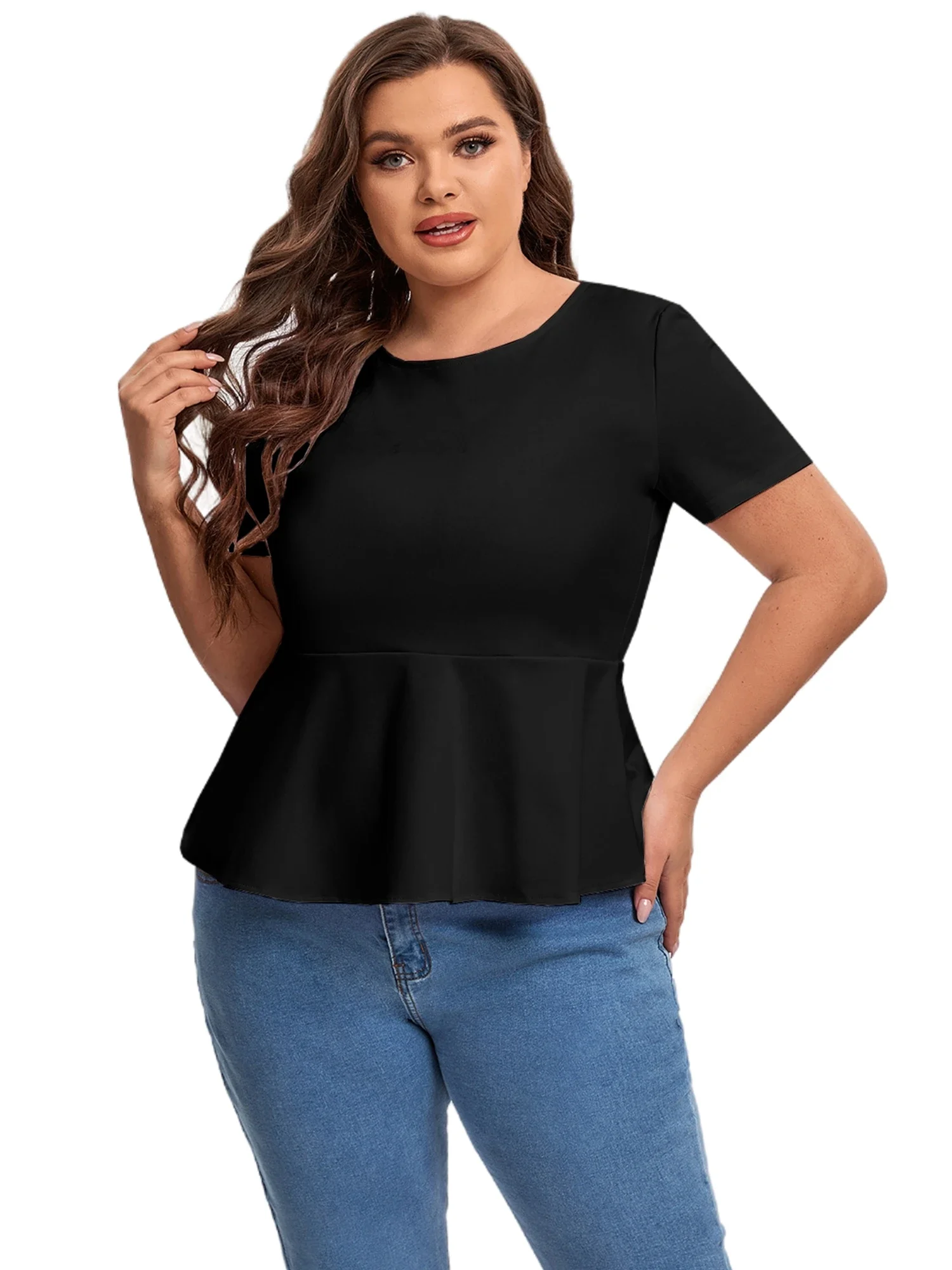 Plus Size Short Sleeve Elegant Summer Peplum Tops Women Keyhole Back Casual Ruffle T-shirt Tee Plus Size Odzież Damska 6XL 7XL